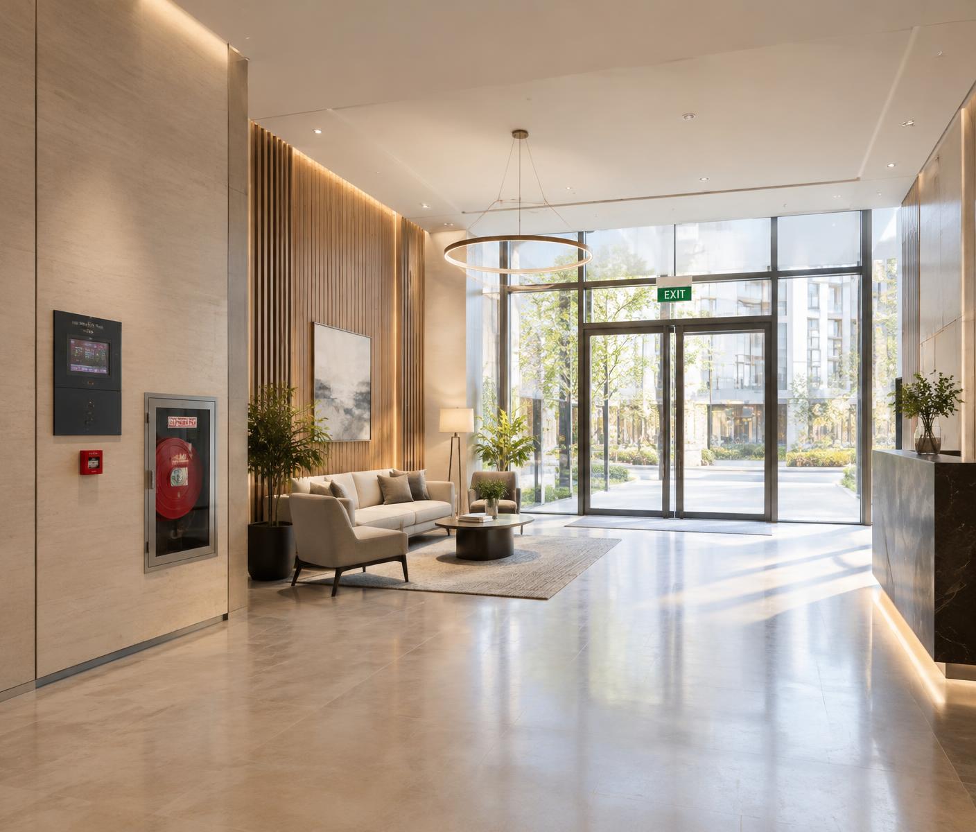 Apartment building lobby with fire indicator panel and hose reel cabinet