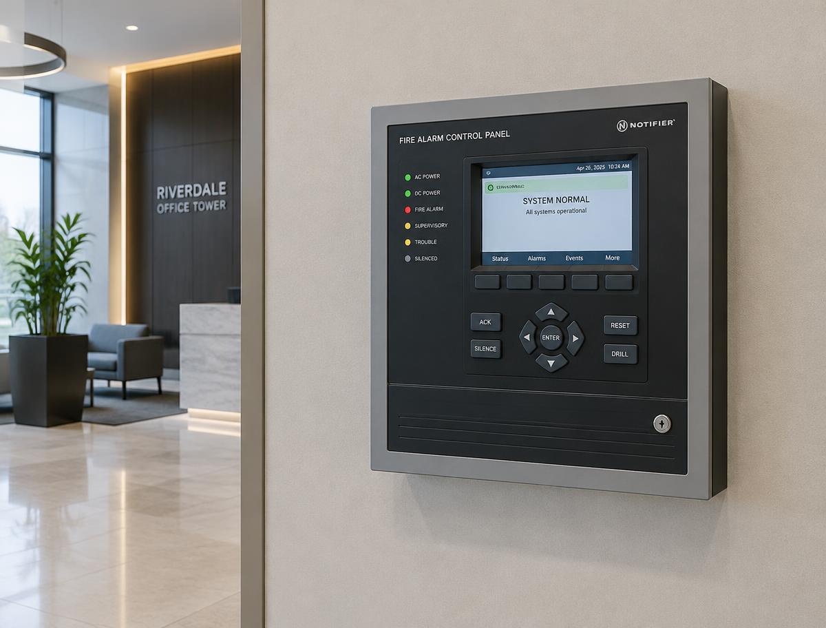 Fire alarm control panel in a commercial building lobby