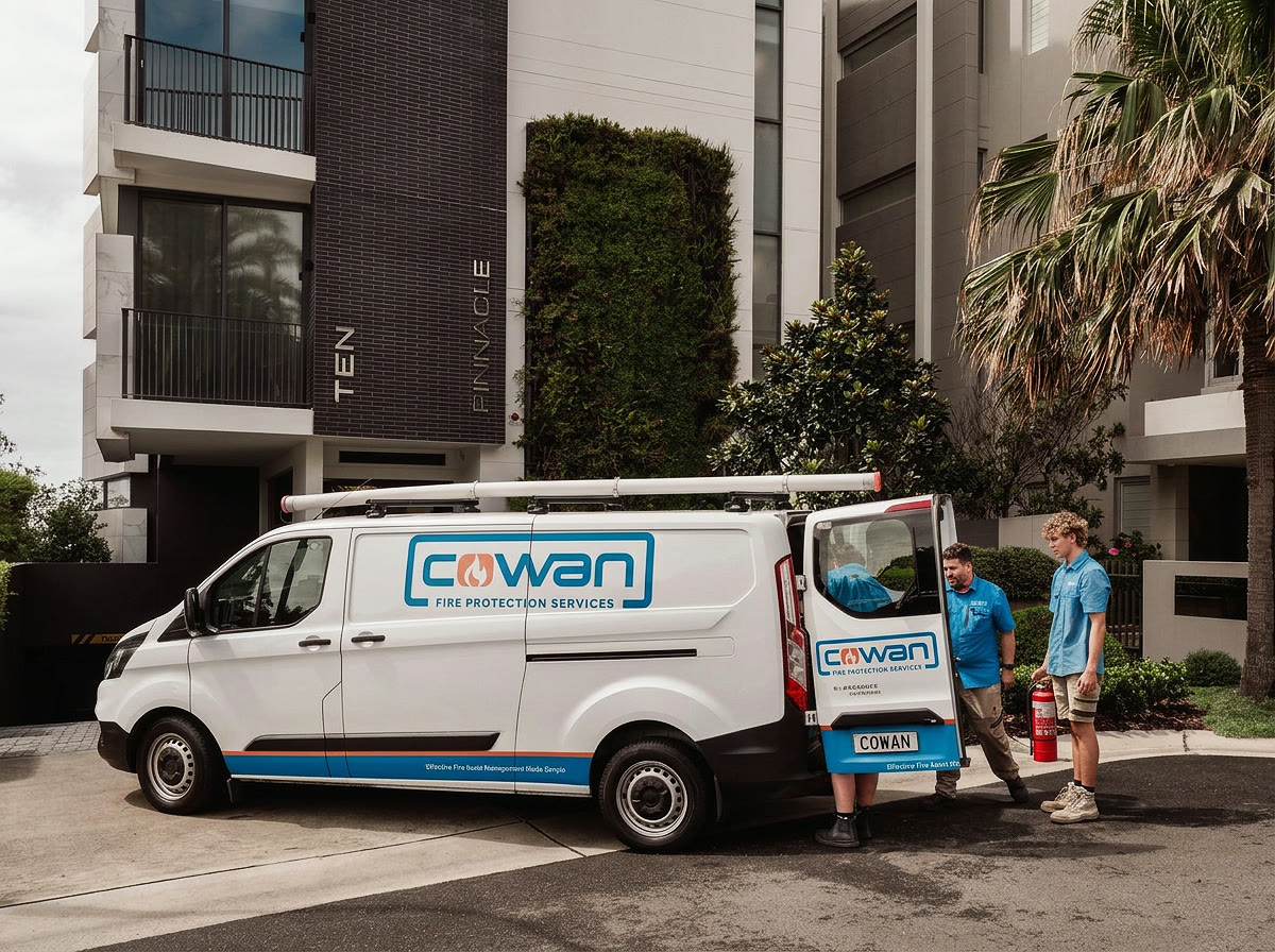 Cowan Fire Protection Services van and technicians outside a residential building